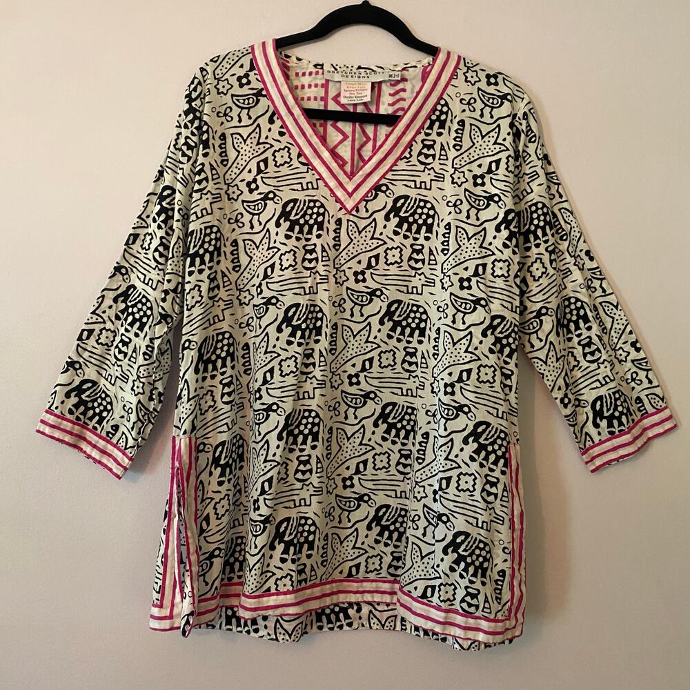 Gretchen Scott Designs White Black Pink Animal Print V-neck Tunic Top Medium